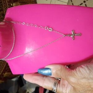 NIB GENUINE SOLID STERLING SILVER REAL DIAMOND CROSS PENDANT CHARM & CHAIN